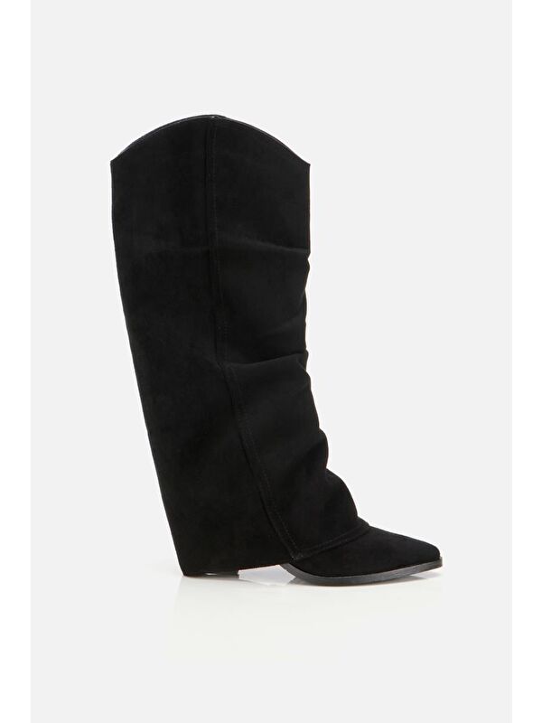Kadın Süet Siyah Dikiş Detaylı Western Kalın Topuklu Çizme - Görsel 2