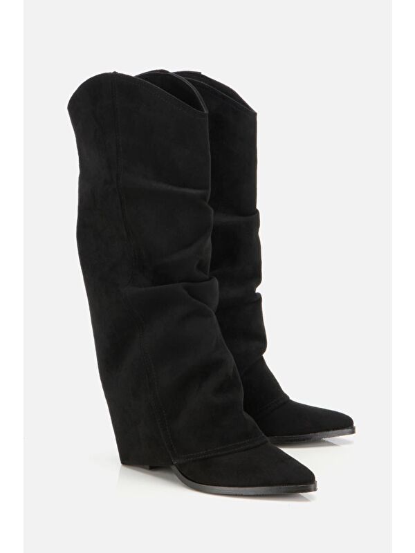 Kadın Süet Siyah Dikiş Detaylı Western Kalın Topuklu Çizme - Görsel 3