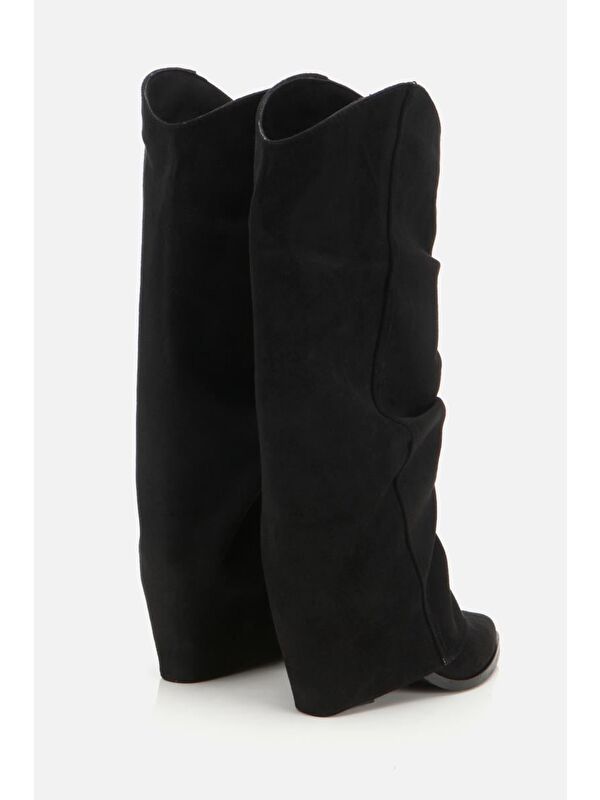 Kadın Süet Siyah Dikiş Detaylı Western Kalın Topuklu Çizme - Görsel 4