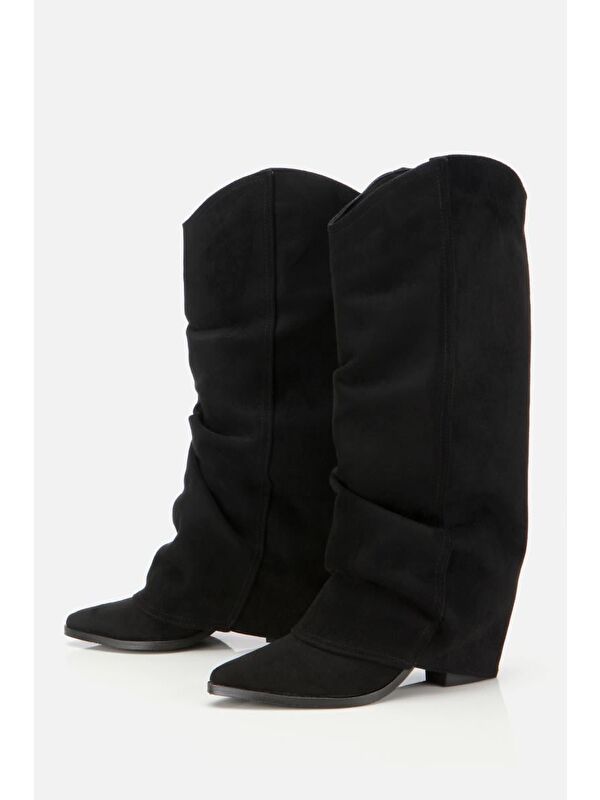 Kadın Süet Siyah Dikiş Detaylı Western Kalın Topuklu Çizme - Görsel 5