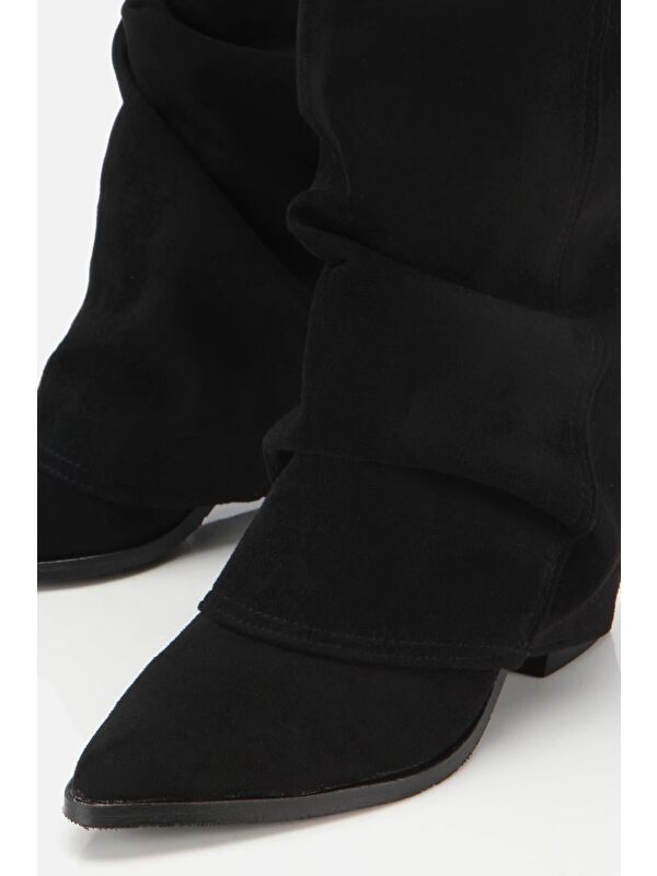 Kadın Süet Siyah Dikiş Detaylı Western Kalın Topuklu Çizme - Görsel 6