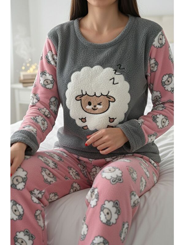 Gülseli Kadın Bisiklet Yaka Baskılı Polar Pijama Takımı