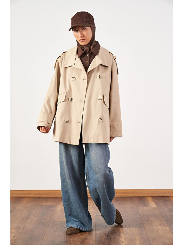 Mevra Kısa Oversize Trençkot Kum Bej