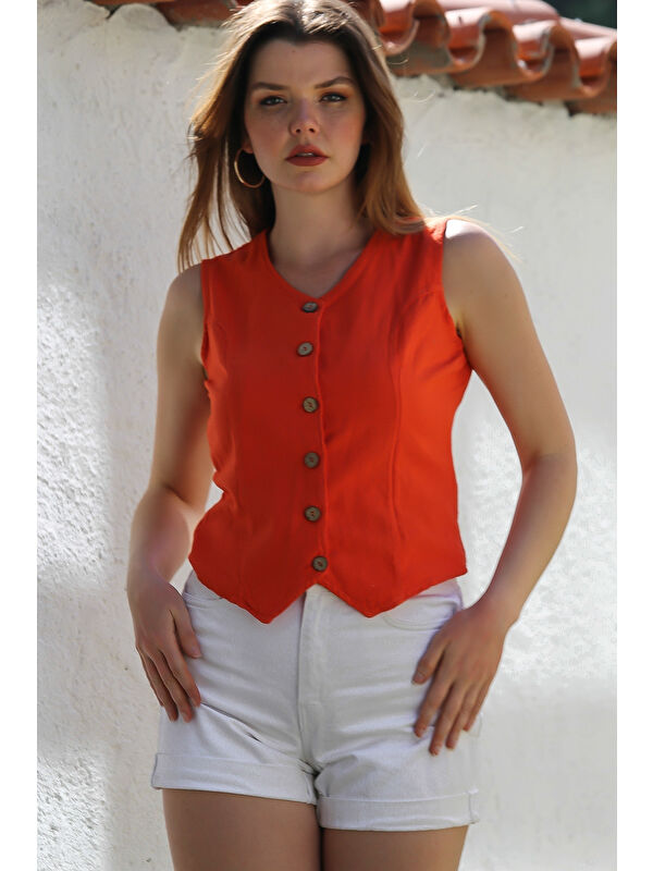 Chiccy Narçiçeği V Yaka Düğmeli Yıkamalı Kulplu Casual Fitted Dokuma Yelek 55 45