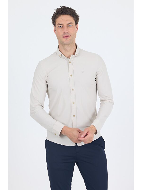 İMZA Taş Rengi Smart Düğmeli Yaka Uzun Kol Cepsiz Slim Fit Esnek Gömlek Gömlek 1004250252