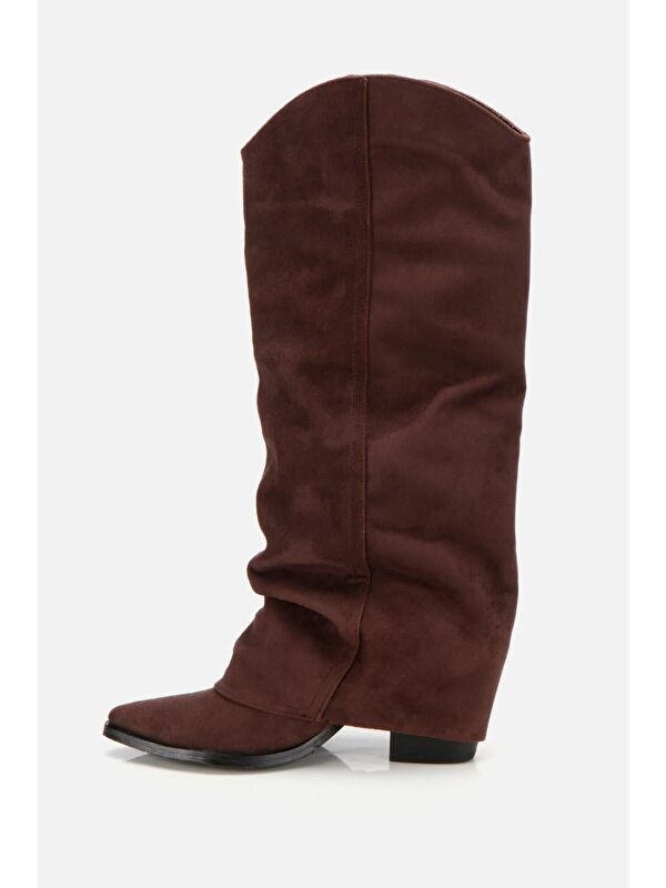 Kadın Süet Kahverengi Dikiş Detaylı Western Kalın Topuklu Çizme - Görsel 5