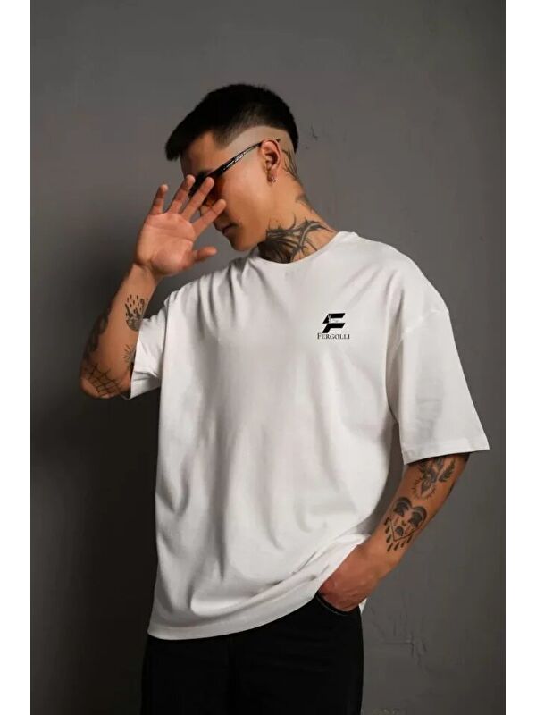 Jane's Unisex Bisiklet Yaka Baskılı Oversize T-Shirt - Beyaz