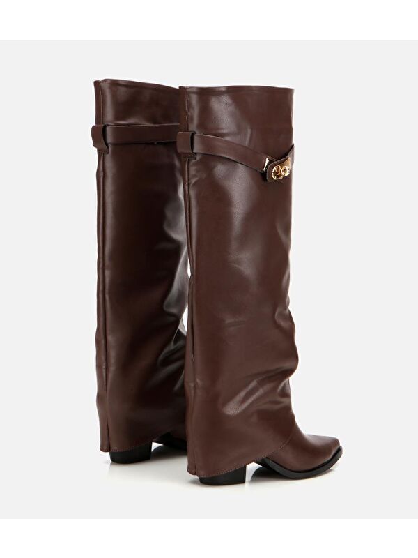 Kadın Kahverengi Tokalı Diz Altı Kalın Topuklu Çizme - Görsel 4