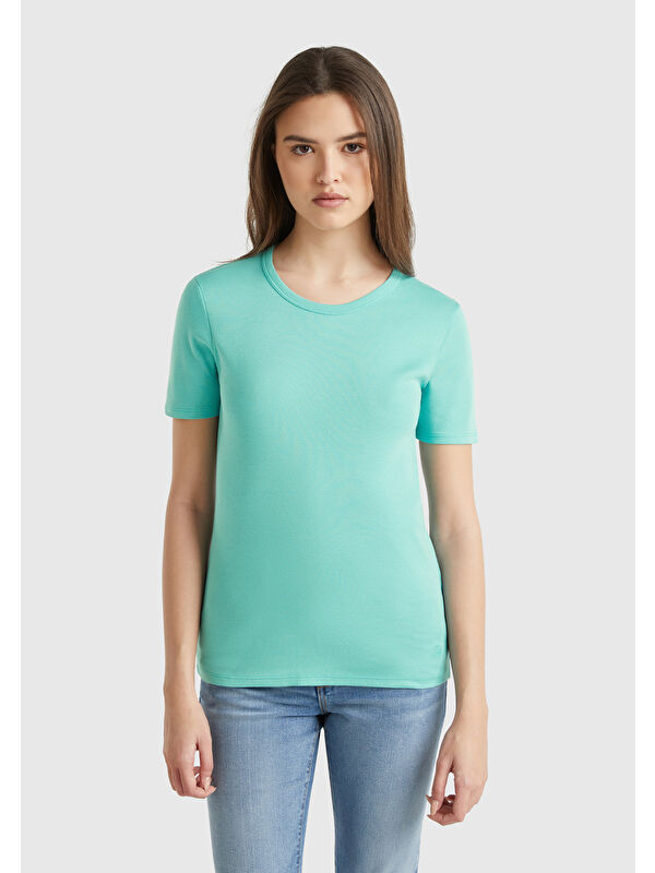 United Colors Of Benetton Kadın Buz Mavisi 100 Pamuk Basic Kısa Kollu Bisiklet Yaka T Shirt