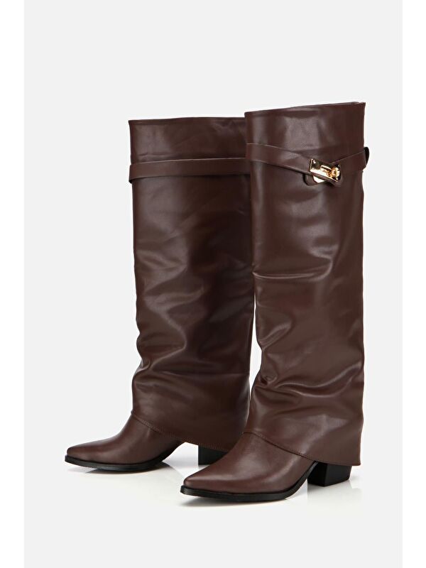 Kadın Kahverengi Tokalı Diz Altı Kalın Topuklu Çizme - Görsel 5