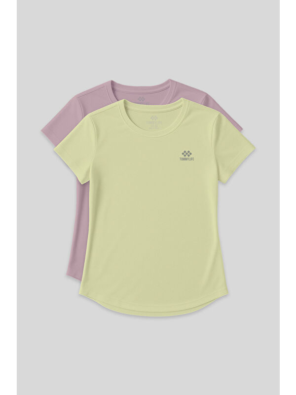 Tommylife Standart Kalıp O Yaka 2li Paket Gül Kurusu-Limon Kadın T-Shirt - 97144