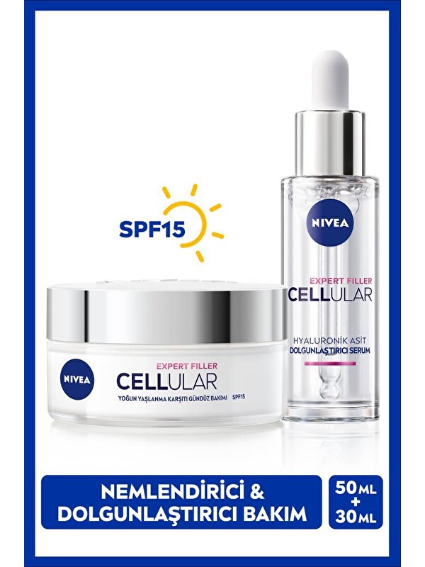 NIVEA SPF15 Cellular Expert Filler Yaşlanma Karşıtı Gündüz Yüz Kremi 50ml ve Nemlendirici Cilt Serumu 30ml