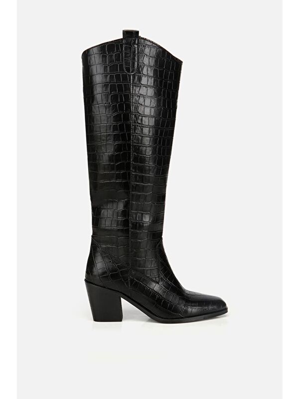 Kadın Siyah Kroko Desenli Kovboy Topuklu Çizme - Görsel 2