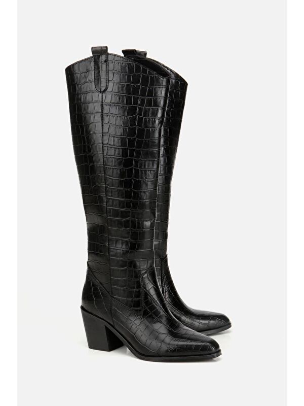 Kadın Siyah Kroko Desenli Kovboy Topuklu Çizme - Görsel 3