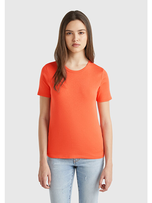 United Colors Of Benetton Kadın Turuncu 100 Pamuk Basic Kısa Kollu Bisiklet Yaka T Shirt