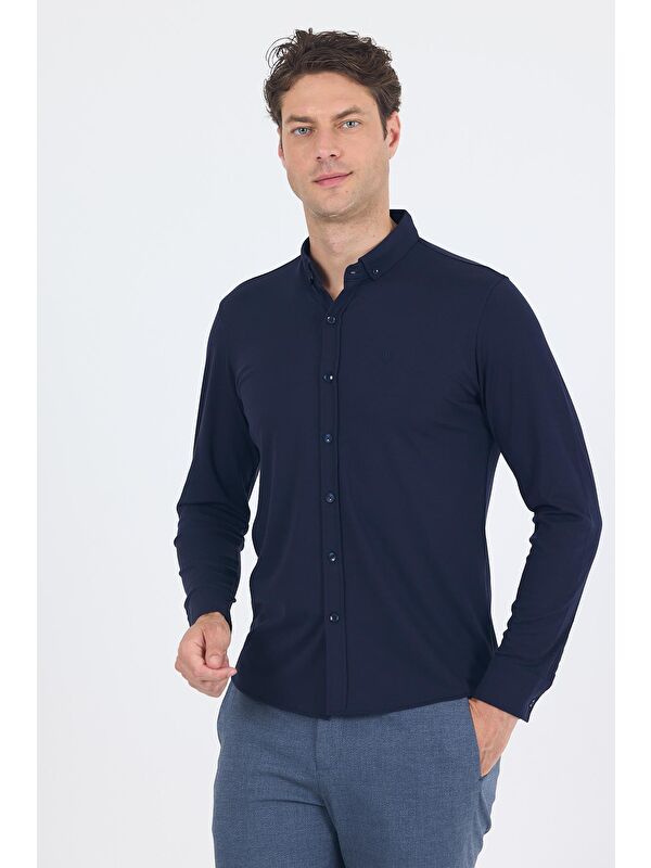 İMZA Koyu Lacivert İtalyan Düğmeli Yaka Uzunkol Cepsiz Slim Fit Gömlek 1004250254