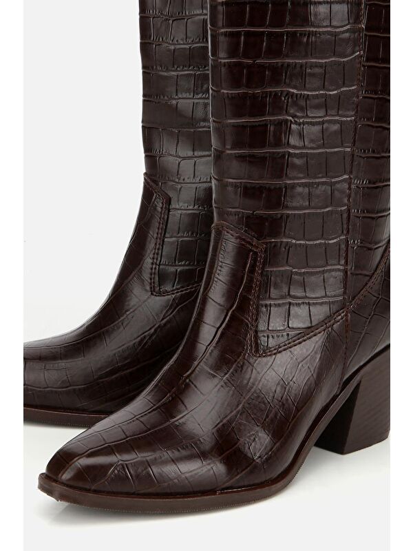 Kadın Kahverengi Kroko Desenli Kovboy Topuklu Çizme - Görsel 4