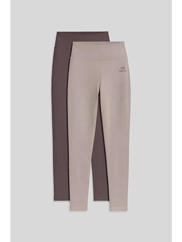 Tommylife Slim Fit 2li Paket Kahverengi-Koyu Bej Kadın Kapri Tayt - 94011