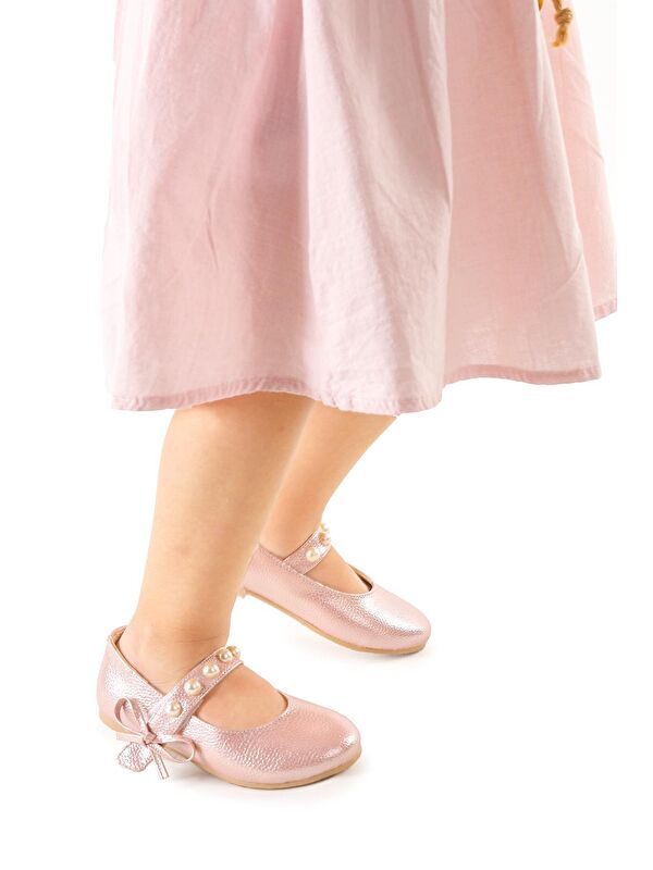 Bareti Vakko İncili Günlük Cırtlı Kız Çocuk Babet Ayakkabı - Görsel 4