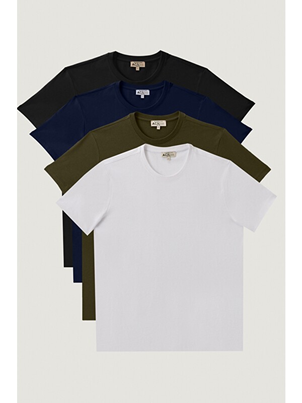 AC&Co / Altınyıldız Classics Erkek Beyaz-Siyah-Lacivert-Haki Slim Fit 4'lü Tişört Paket