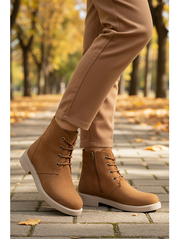 Taba Süet Bağcıklı Fermuarlı Kaymaz Kadın Bot 284098 Z - Görsel 4