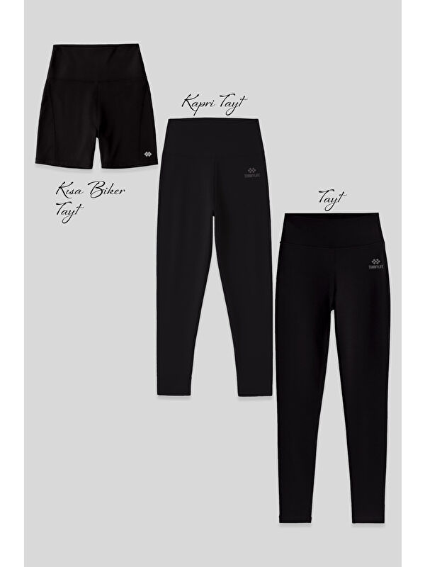 Tommylife Slim Fit Yüksek Bel 3lü Paket Siyah Kadın Tayt