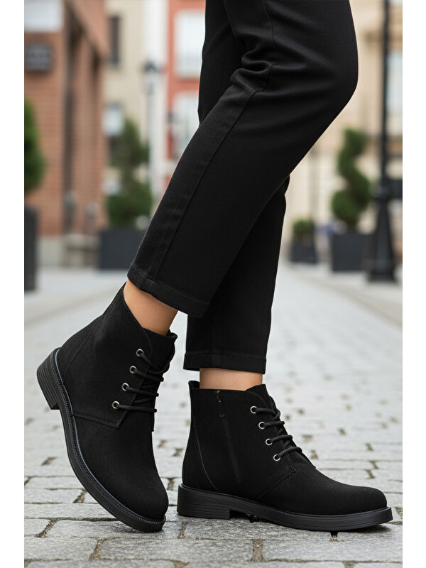 Siyah Süet Bağcıklı Fermuarlı Kaymaz Kadın Bot 284098 Z - Görsel 4