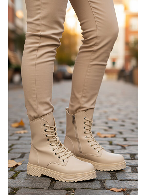 Bej Cilt Kürklü Bağcıklı Fermuarlı Kaymaz Kadın Bot 525383 Z - Görsel 4