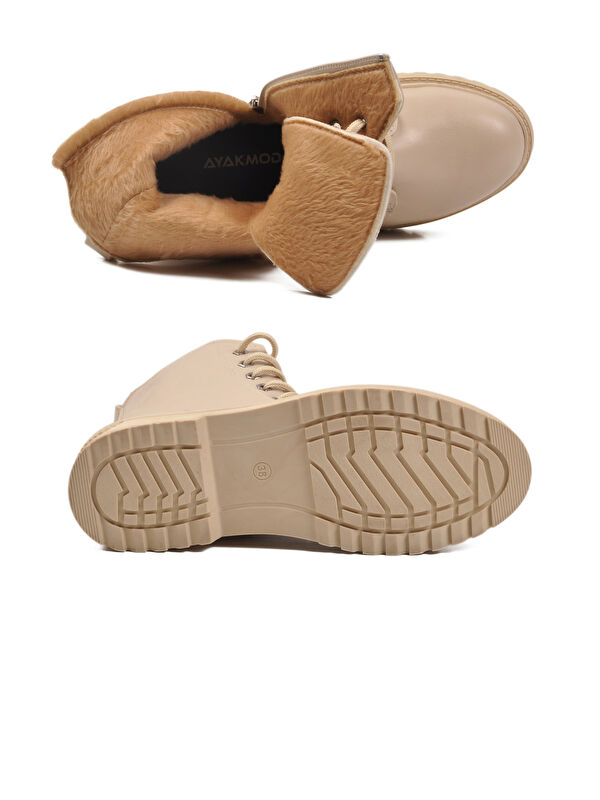 Bej Cilt Kürklü Bağcıklı Fermuarlı Kaymaz Kadın Bot 525383 Z - Görsel 6