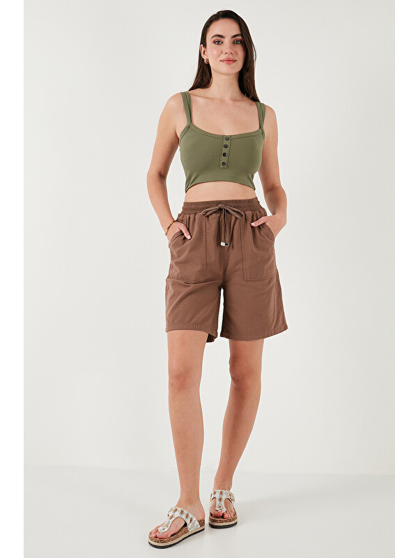 Lela Pamuklu Relaxed Fit Yüksek Bel Cepli Kadın Mini Şort 668YP5384