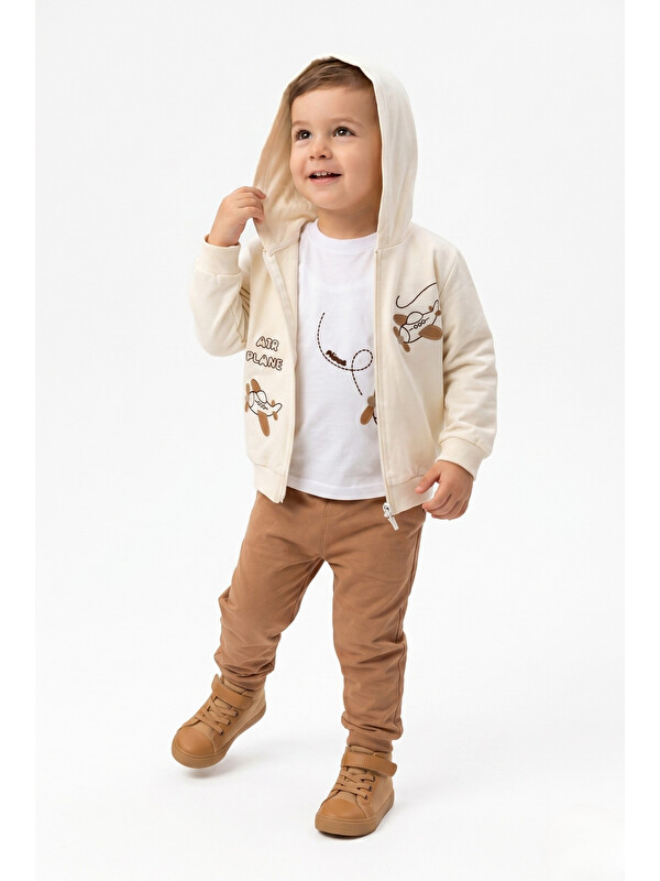 Toontoykids Erkek Çocuk 3'lü Eşofman Takımı Uzun Kollu Bisiklet Yaka Nakışlı T-shirt - Kapüşonlu Fermuarlı Hırka