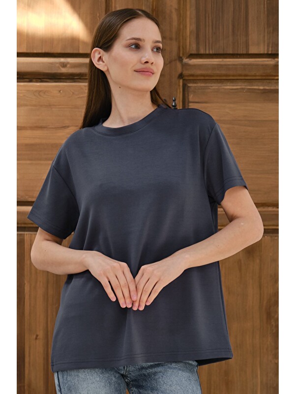 Shooter Sportswear Kadın Modal Kumaş Basic Oversize Tişört Bisiklet Yaka Günlük Salaş Tişört