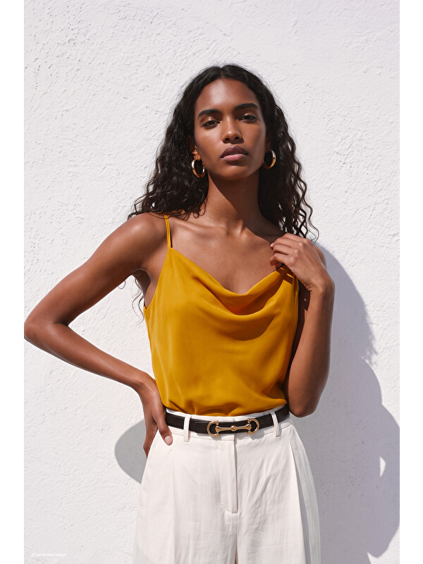 SATEEN Askılı Degaje Yaka Bluz - Safran