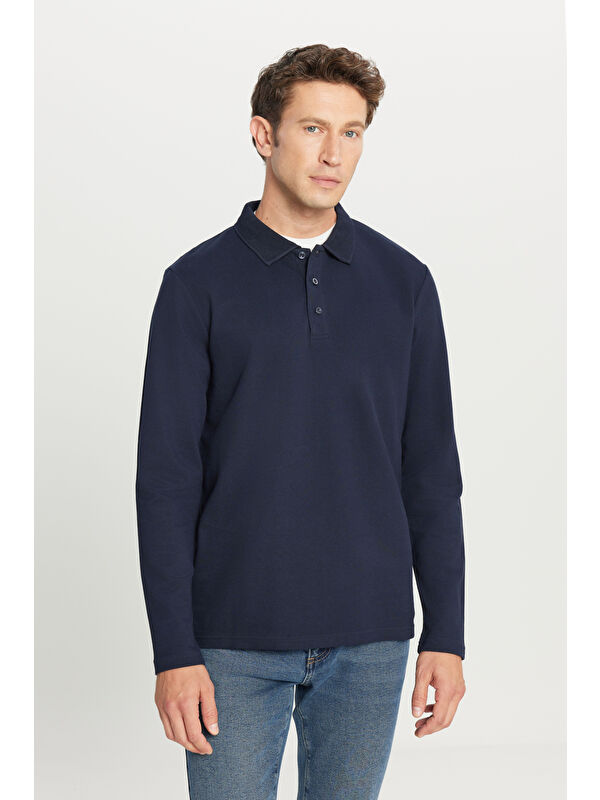Altınyıldız Classics Erkek Lacivert %100 Pamuk Standart Fit Normal Kesim Polo Yaka Sweatshirt