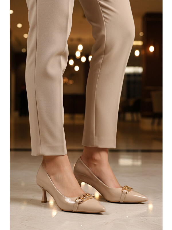 Bej Rugan İnce Kısa Topuklu Kadın Abiye Ayakkabı 695029 Z - Görsel 4