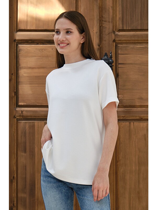 Shooter Sportswear Kadın Modal Kumaş Basic Oversize Tişört Bisiklet Yaka Günlük Salaş Tişört