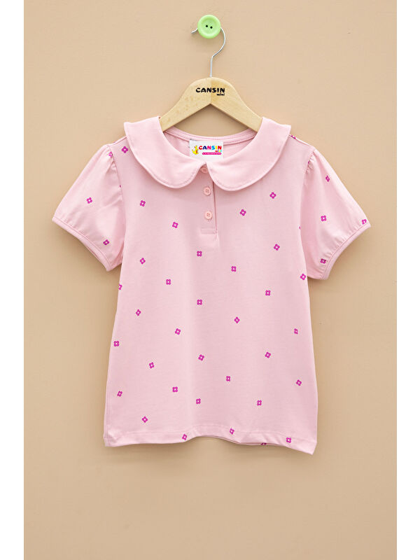 Cansın Mini Pembe Çiçek Desenli Düğmeli Yaka Kız Çocuk Tişört 20990