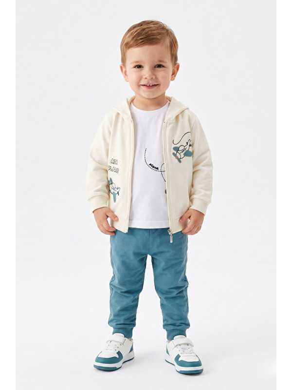 Toontoykids Erkek Çocuk 3'lü Eşofman Takımı Uzun Kollu Bisiklet Yaka Nakışlı T-shirt - Kapüşonlu Fermuarlı Hırka