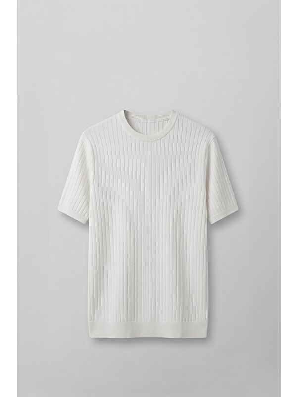 Abluka Online Erkek Regular Fit Fitilli Triko Bisiklet Yaka T-Shirt Beyaz
