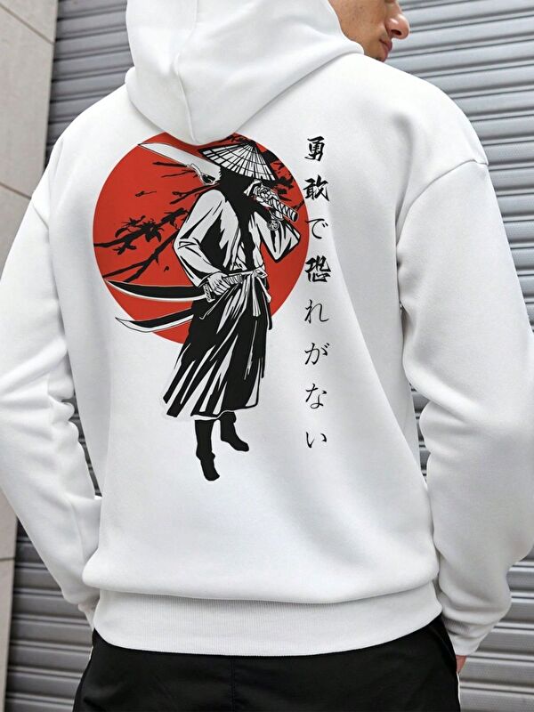 Trendseninle Kılıçlı Savaşçı Baskılı Oversize Erkek Kapüşonlu Sweatshirt