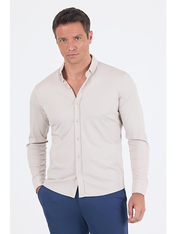 İMZA Taş Rengi İtalyan Düğmeli Yaka Uzunkol Cepsiz Slim Fit Gömlek 1004250254