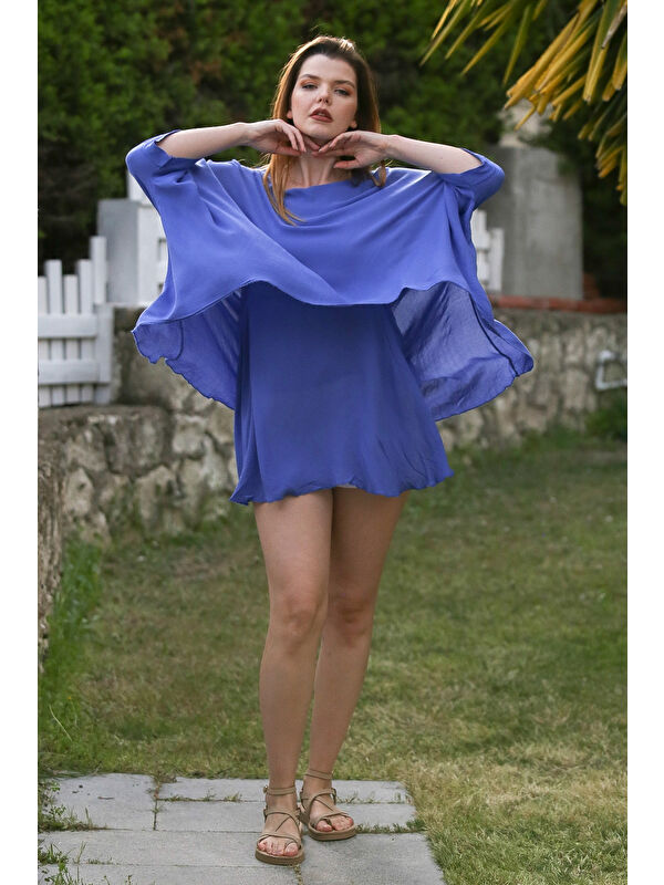 Chiccy Lavanta Mavisi Havuz Yaka Yarasa Kol İnce Astarlı Çift Katlı Casual Oversize Dokuma Bluz 75 85