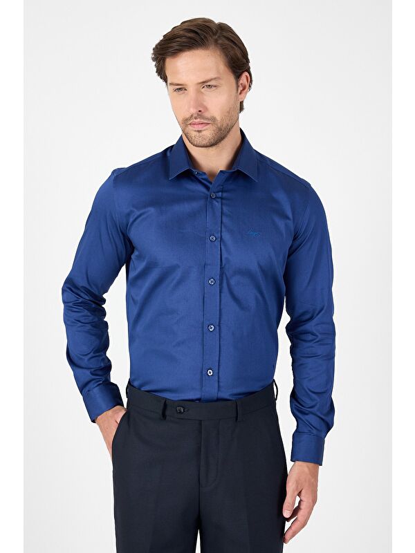 İMZA Lacivert Sert Yaka Düz Classic %100 Pamuk Slim Fit Gömlek 1004250324