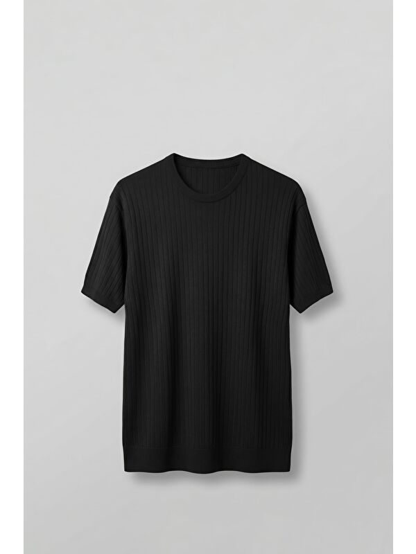 Abluka Online Erkek Regular Fit Fitilli Triko Bisiklet Yaka T-Shirt Siyah