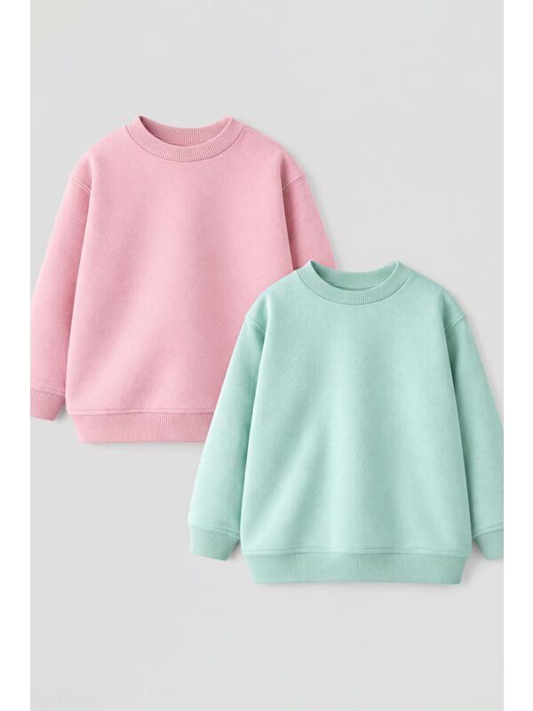 ZUZUNGA 2'Li Basic Şardonlu Çocuk Sweatshirt Su Yeşili - Pudra