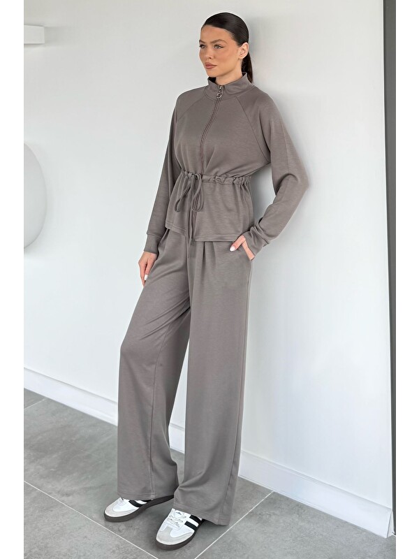 Gülseli Kadın Bel Büzgülü Kemerli Sweat Pantolon İkili Takım