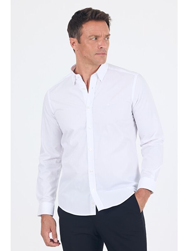 İMZA Beyaz Smart Biritli Yaka Cepsiz Bez Ayağı Uzun Kol Slim Fit %100 Pamuk Gömlek 1004250223