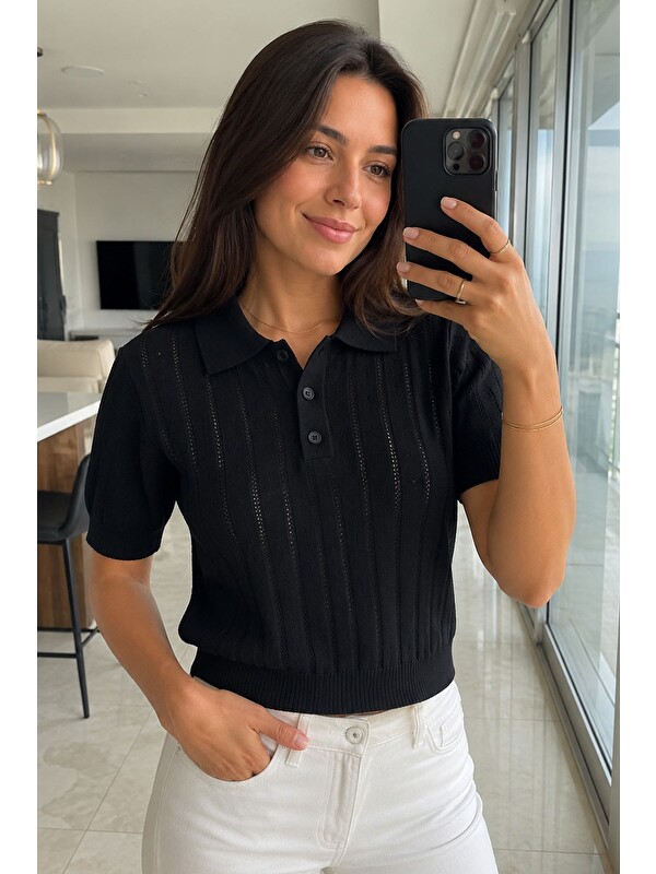 Gülseli Kadın Polo Yaka Ajurlu Triko Bluz