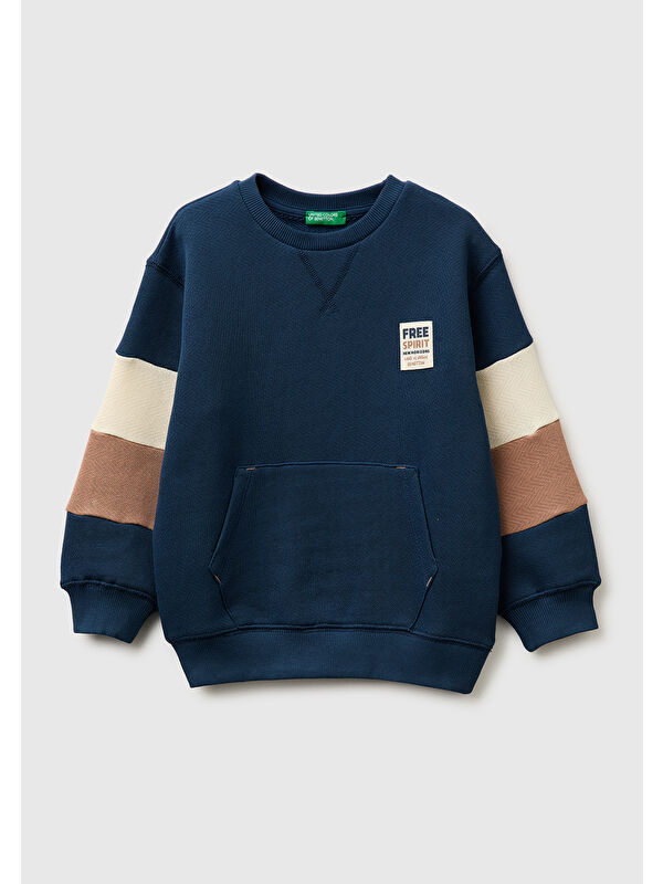 United Colors Of Benetton Erkek Çocuk Kol Detaylı Renk Bloklu Logo Etiketli Bisiklet Yaka Sweatshirt