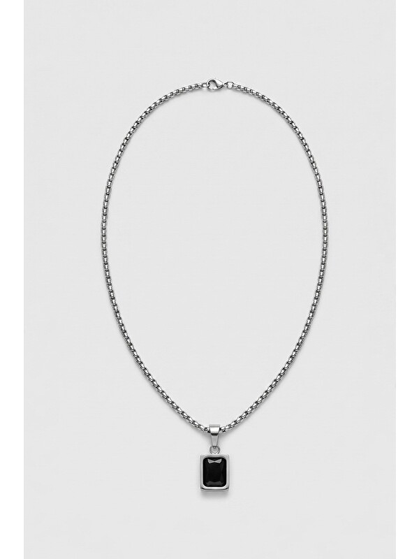 Abluka Online Unisex Kare Taş Detaylı Çelik Zincir Kolye Gümüş